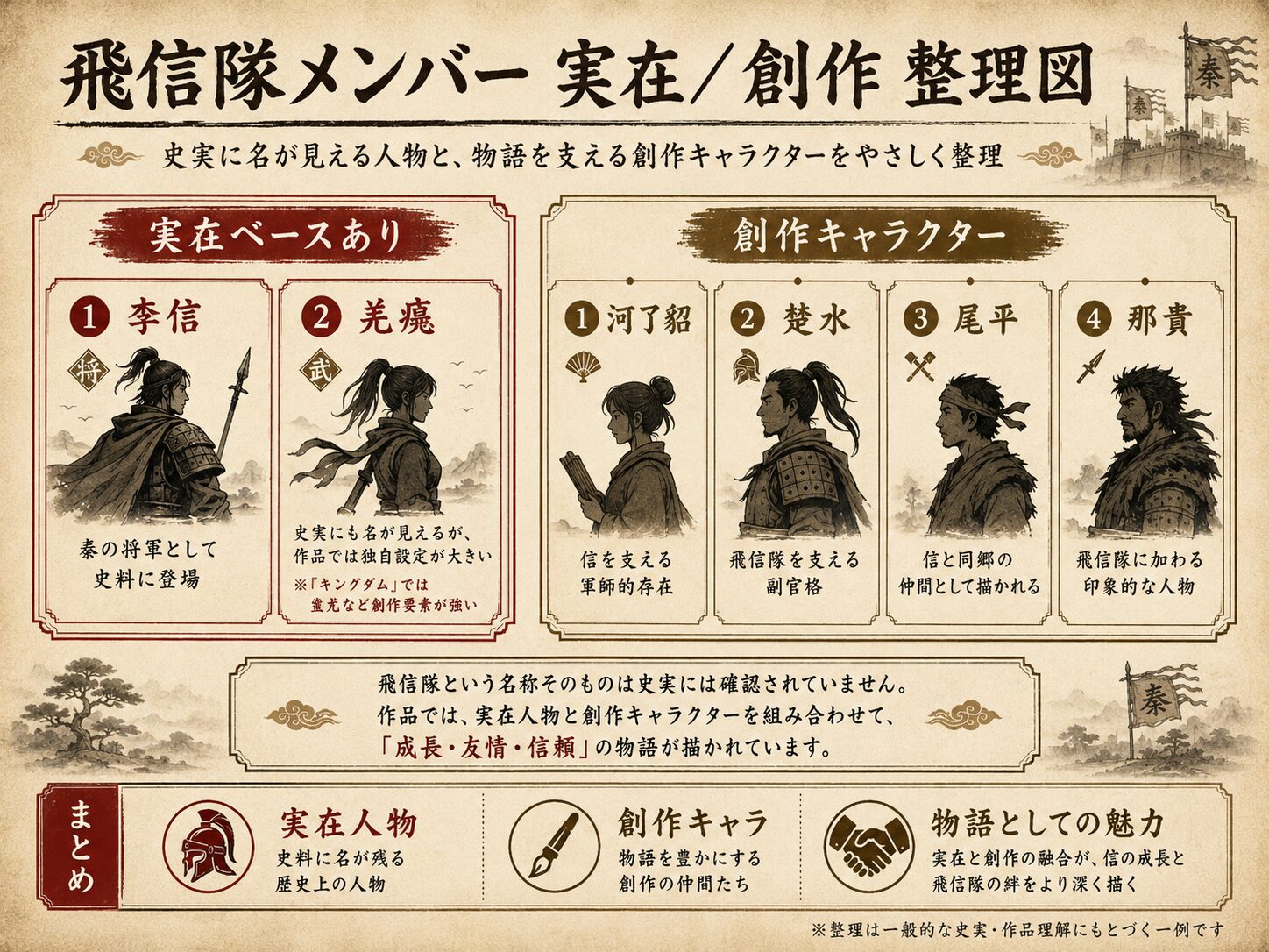 飛信隊メンバーを実在ベースありと創作キャラクターに分けて整理した図解。李信と羌瘣は実在ベースあり、河了貂・楚水・尾平・那貴は創作キャラクターとして紹介している。