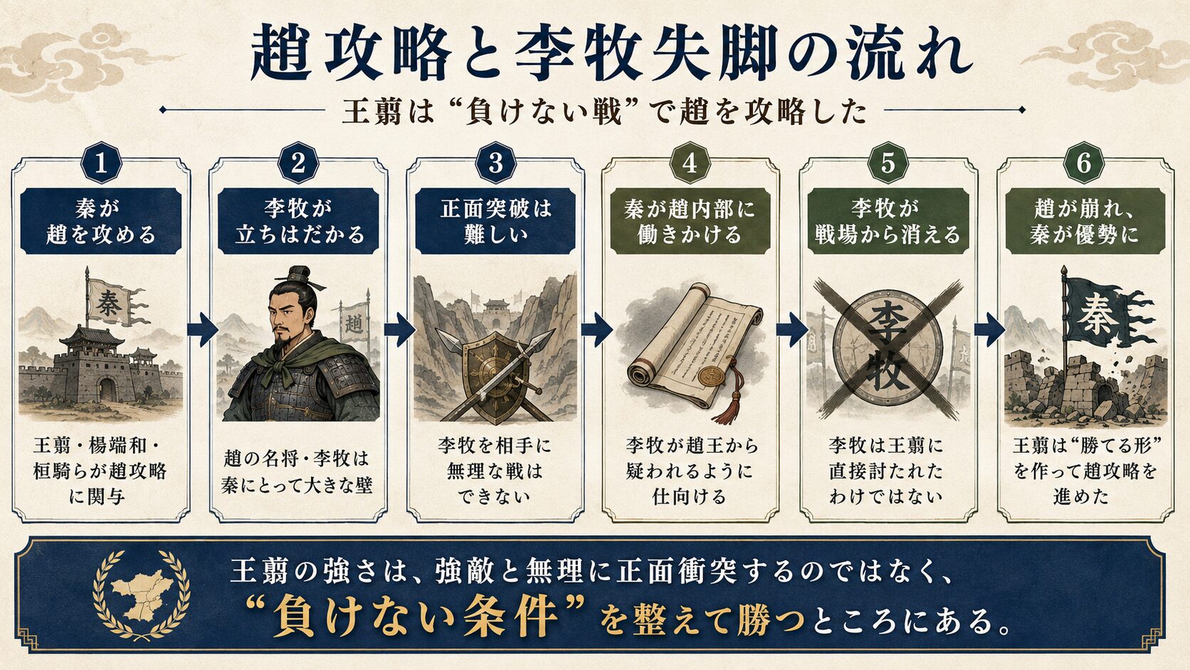 趙攻略と李牧失脚の流れを6段階で整理した図。王翦・楊端和・桓騎らが趙攻略に関わり、李牧が秦の策略によって戦場から消え、秦が趙攻略を進める流れを示している。