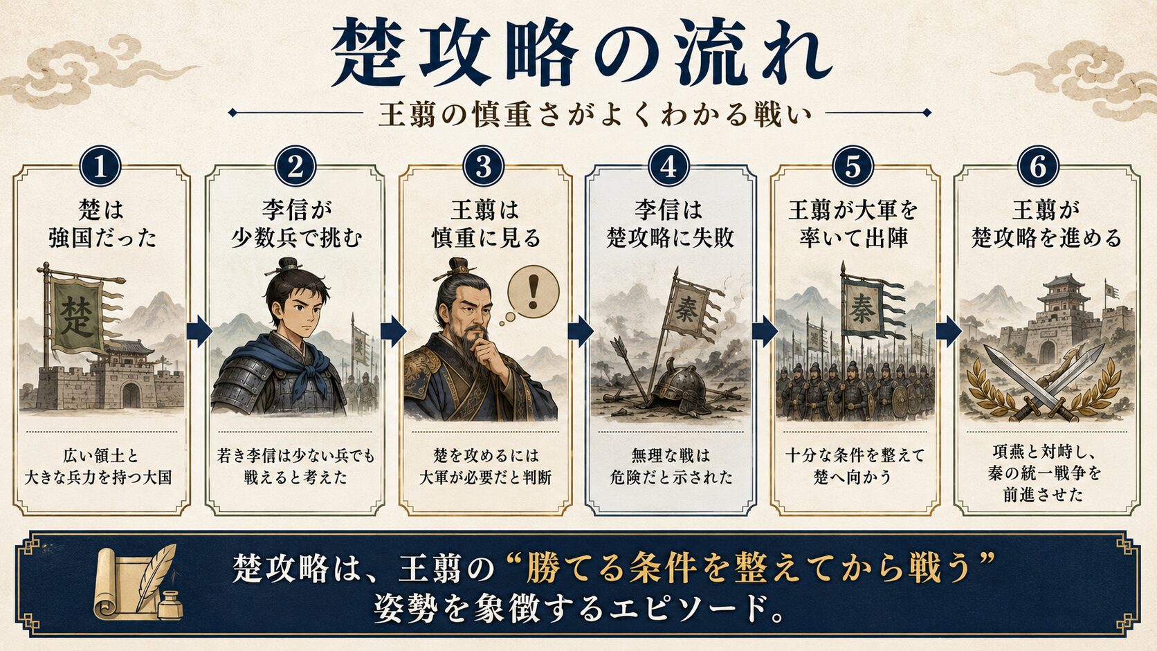 楚攻略の流れを6段階で整理した図。強国だった楚に対して、李信が少数兵で挑み失敗した後、王翦が大軍を率いて楚攻略を進める流れを示している。