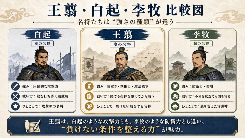 王翦・白起・李牧を比較した図。白起は攻撃型、王翦は負けない条件を整える慎重な名将、李牧は防衛力と知略で趙を支えた名将として整理している。