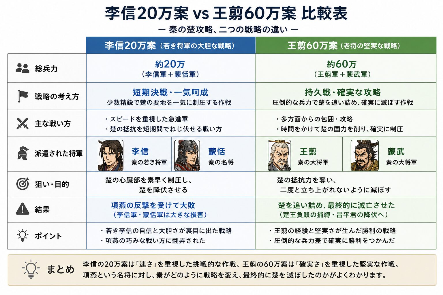 李信20万案と王翦60万案の兵力、戦略、将軍、結果の違いを比較した図解表
