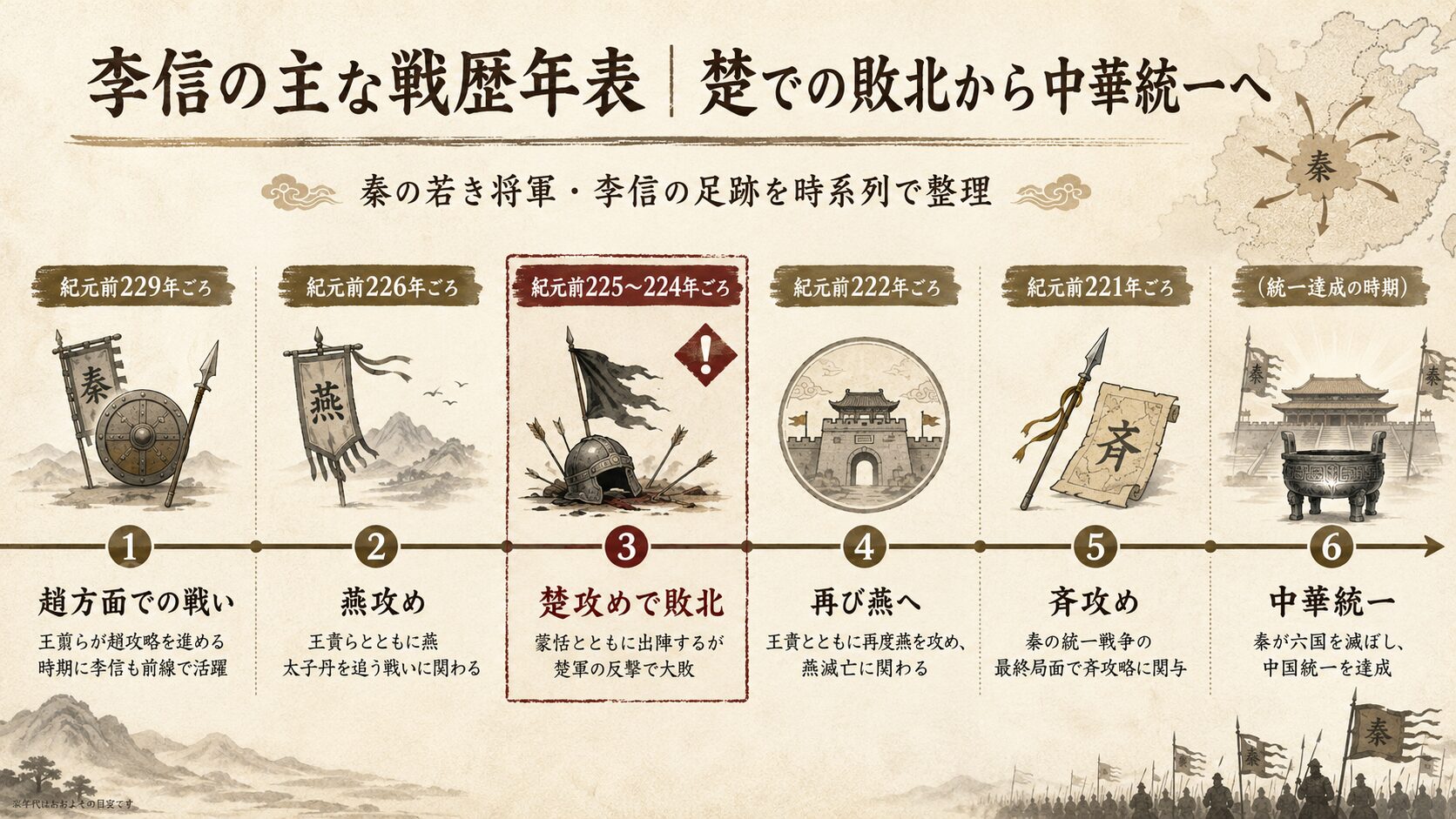 李信の主な戦歴を時系列で整理した図解。趙方面での戦い、燕攻め、楚攻めでの敗北、再び燕へ、斉攻め、中華統一までの流れを示している。