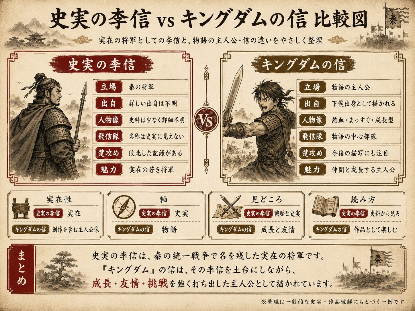 史実の李信とキングダムの信を比較した図解。立場、出自、人物像、飛信隊、楚攻め、魅力の違いを整理し、史実と物語の見どころを紹介している。