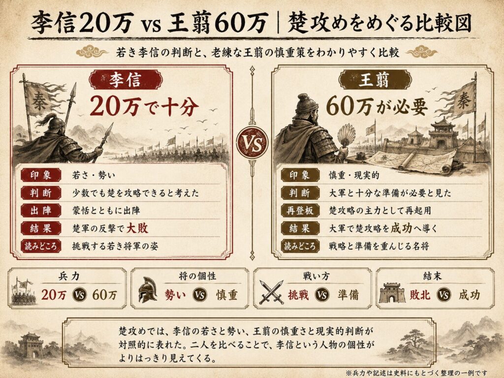 李信20万と王翦60万を比較した図解。楚攻めをめぐる兵力、将の個性、戦い方、結果の違いを整理している。