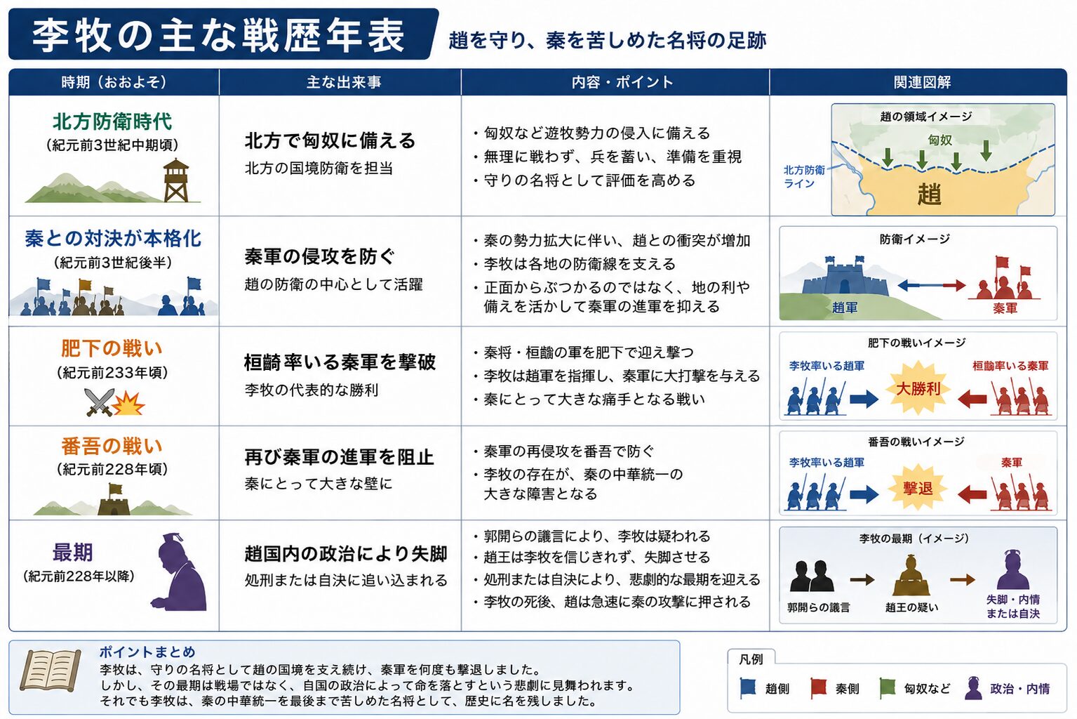 李牧の主な戦歴を整理した年表図解。北方防衛時代、秦との対決、肥下の戦い、番吾の戦い、趙国内の政治による失脚までの流れを示している。
