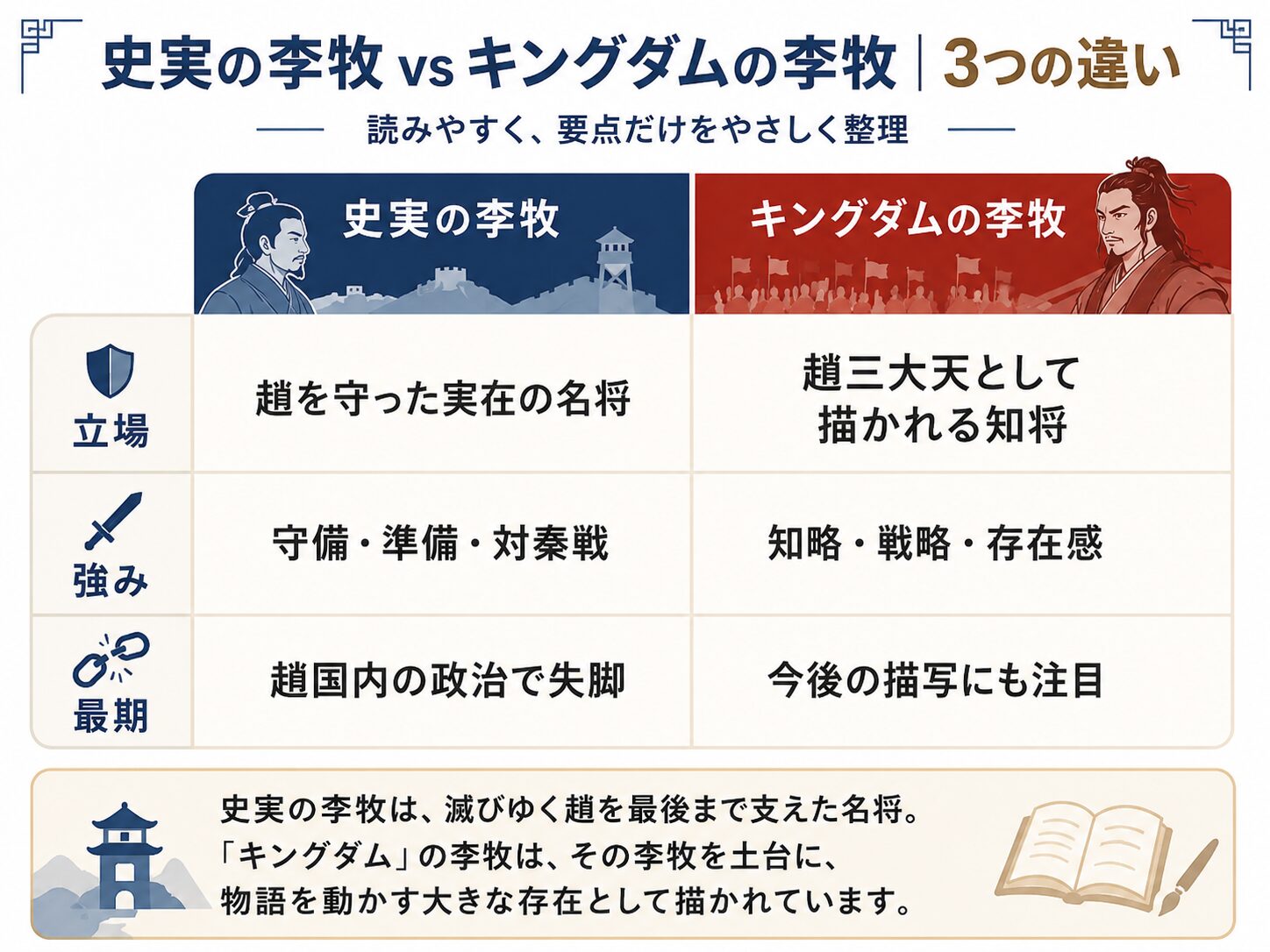 史実の李牧とキングダムの李牧を比較した図解。立場、強み、最期の3つの違いを整理し、史実では趙を守った実在の名将、キングダムでは趙三大天として描かれる知将と紹介している。
