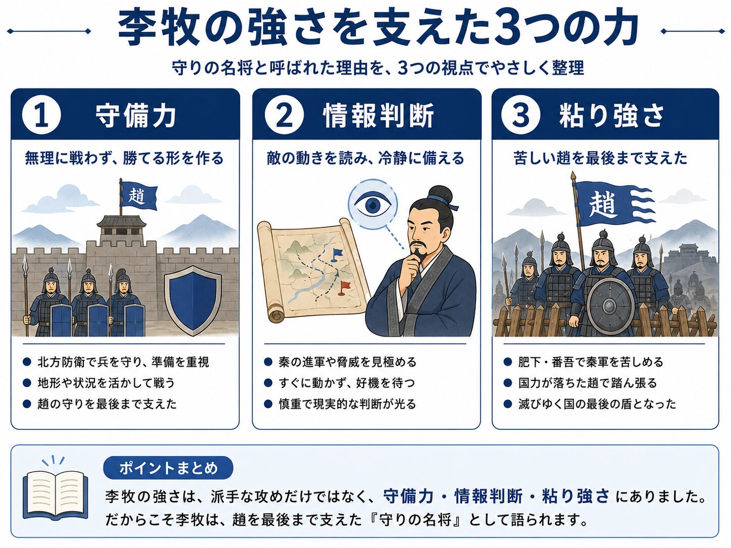 李牧の強さを支えた3つの力を整理した図解。守備力、情報判断、粘り強さの3項目に分けて、趙を守った名将としての特徴を紹介している。
