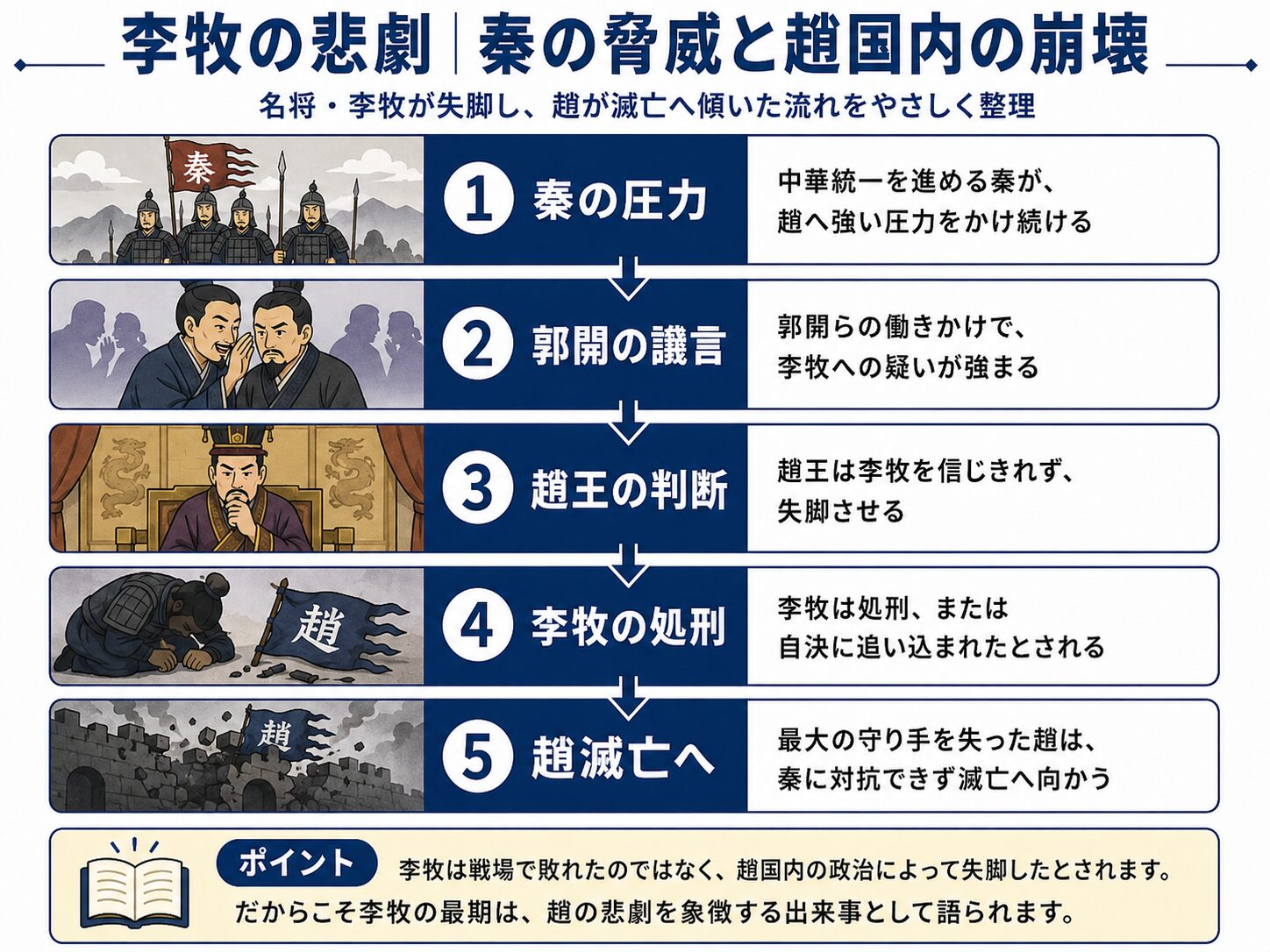 李牧の悲劇と趙滅亡への流れを整理した図解。秦の圧力、郭開の讒言、趙王の判断、李牧の処刑または失脚、趙滅亡への流れを5段階で示している。
