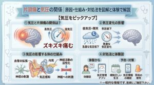 片頭痛と気圧の関係を、原因・仕組み・対処法まで図解でわかりやすく解説したイラスト