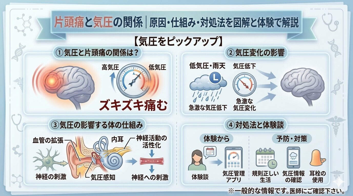 片頭痛と気圧の関係を、原因・仕組み・対処法まで図解でわかりやすく解説したイラスト