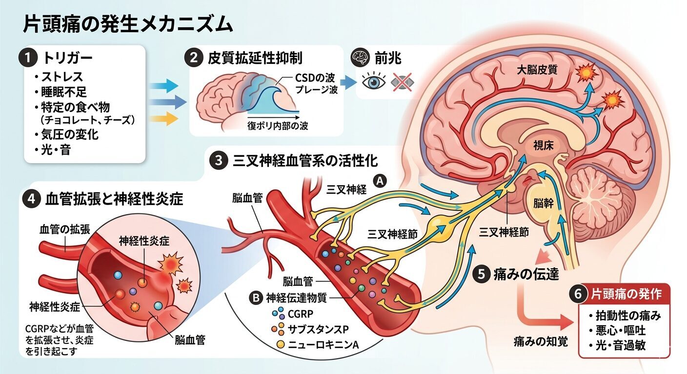 片頭痛の発生メカニズムをトリガーから神経伝達まで図解したイラスト