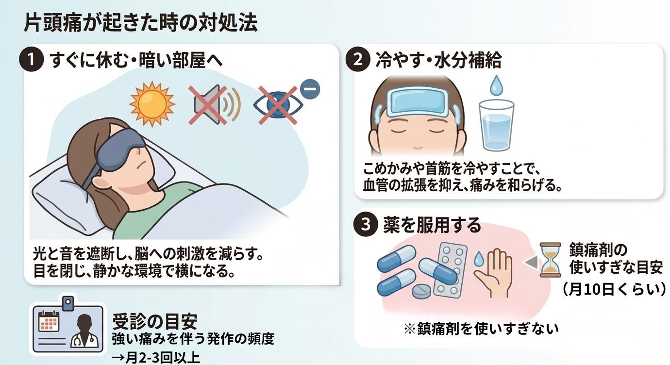 片頭痛が起きたときの対処法のイラスト