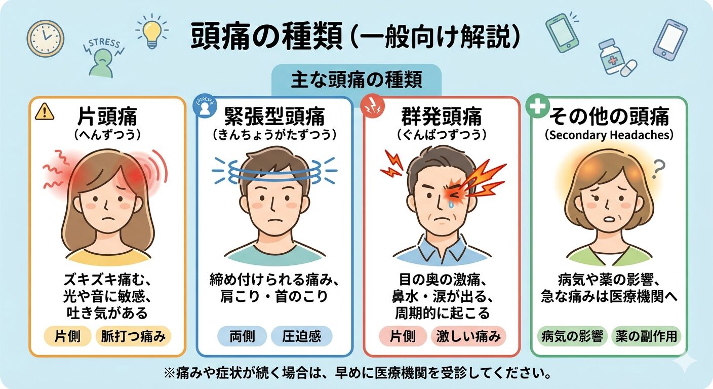 「片頭痛、緊張型頭痛、群発頭痛など、主な頭痛の種類と特徴をまとめた図解イラスト」