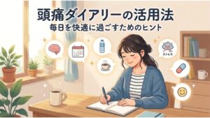 頭痛ダイアリーの活用法｜ノートに記録する女性のイラスト