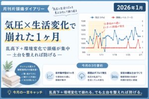 月刊片頭痛ダイアリーのアイキャッチ画像。メインは気圧と生活変化で崩れた基幹があったこと