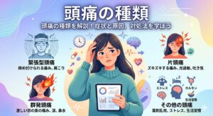 頭痛の3大タイプ（緊張型・片頭痛・群発頭痛）の特徴と、その他の原因（ストレス、生活習慣など）をイラストでまとめた図解画像