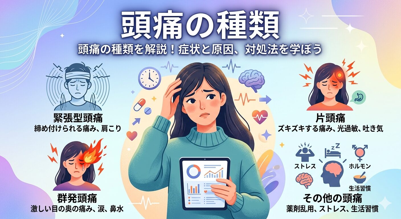 頭痛の3大タイプ（緊張型・片頭痛・群発頭痛）の特徴と、その他の原因（ストレス、生活習慣など）をイラストでまとめた図解画像