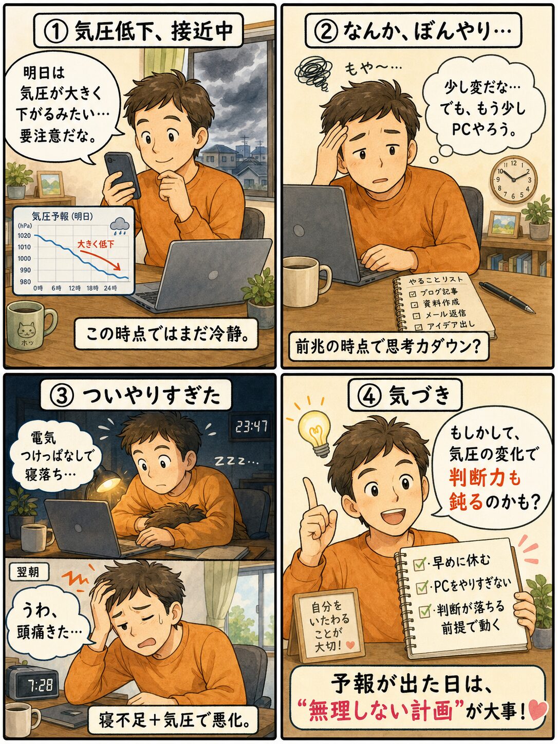 気圧の変化で判断力が鈍る可能性をテーマにした4コマ漫画。気圧低下の時期に判断ミスが増え、頭痛の誘発要因が重なりやすくなる気づきをやさしく描いている。