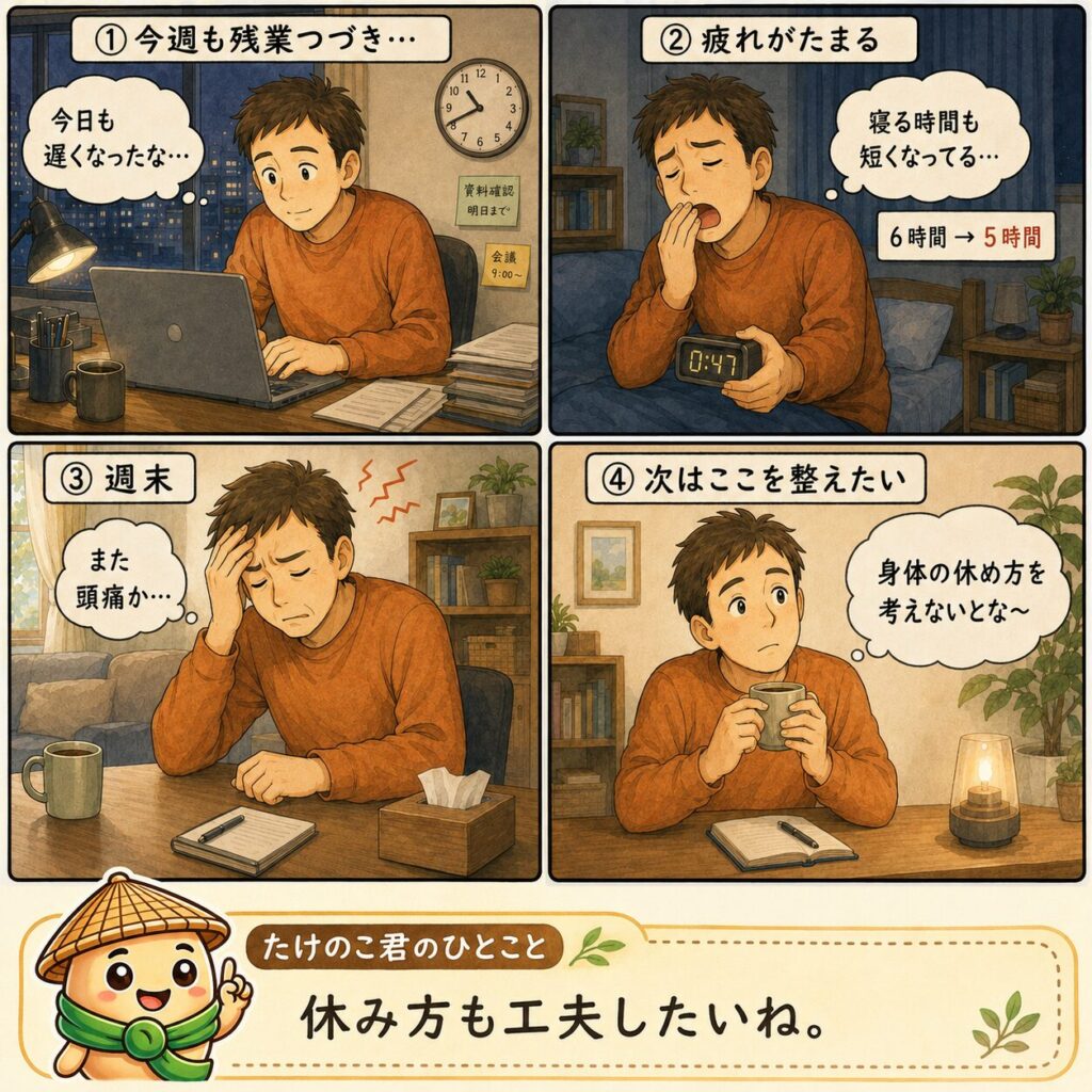 2週連続で週末に頭痛が出た流れを描いた4コマ漫画。残業による疲労や睡眠不足が続き、週末の気圧変化と重なって頭痛が出たため、休み方を工夫する必要性に気づく内容。