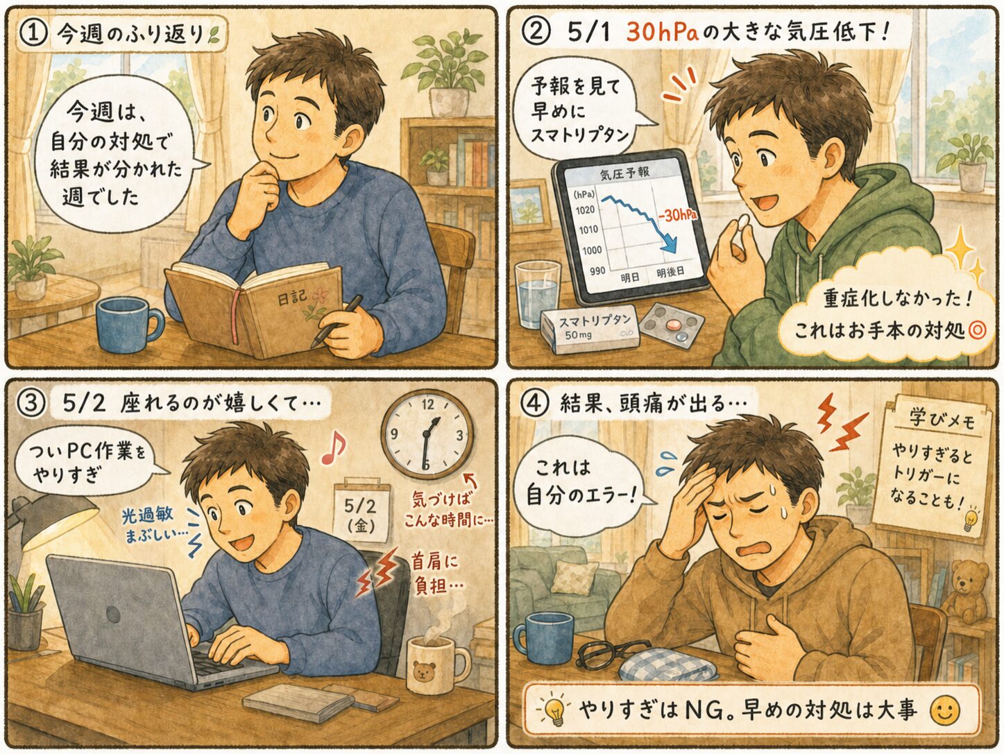 2026年4月最終週の片頭痛4コマ漫画。早めの対処で気圧低下を乗り切った成功とPC作業やりすぎによる失敗を描く。