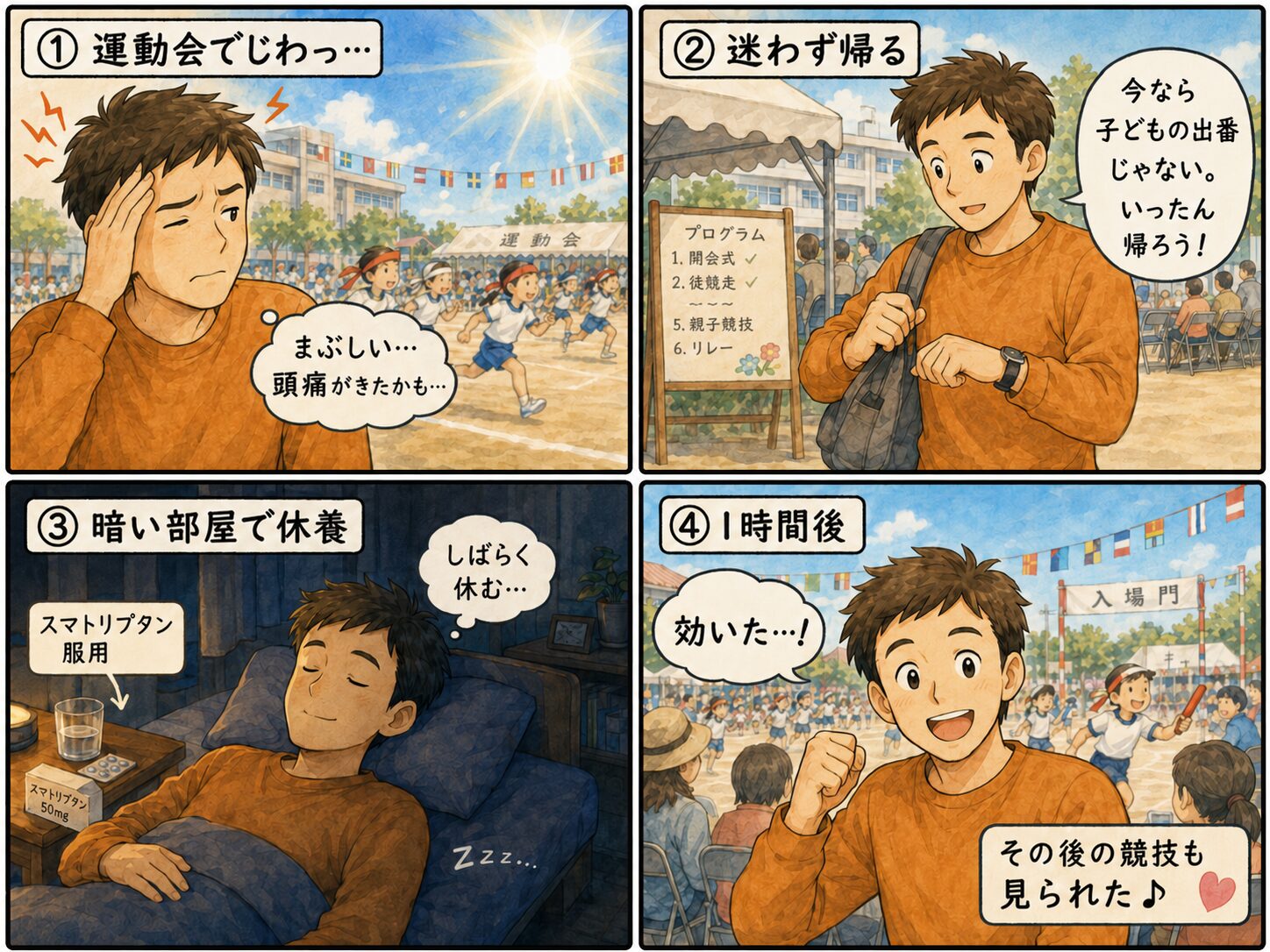 運動会のまぶしい日差しで頭痛が出たパパが、子どもの出番のない時間に帰宅して暗い部屋でスマトリプタンを服用し、1時間後に回復して再び運動会を見られた流れを描いた4コマ漫画。