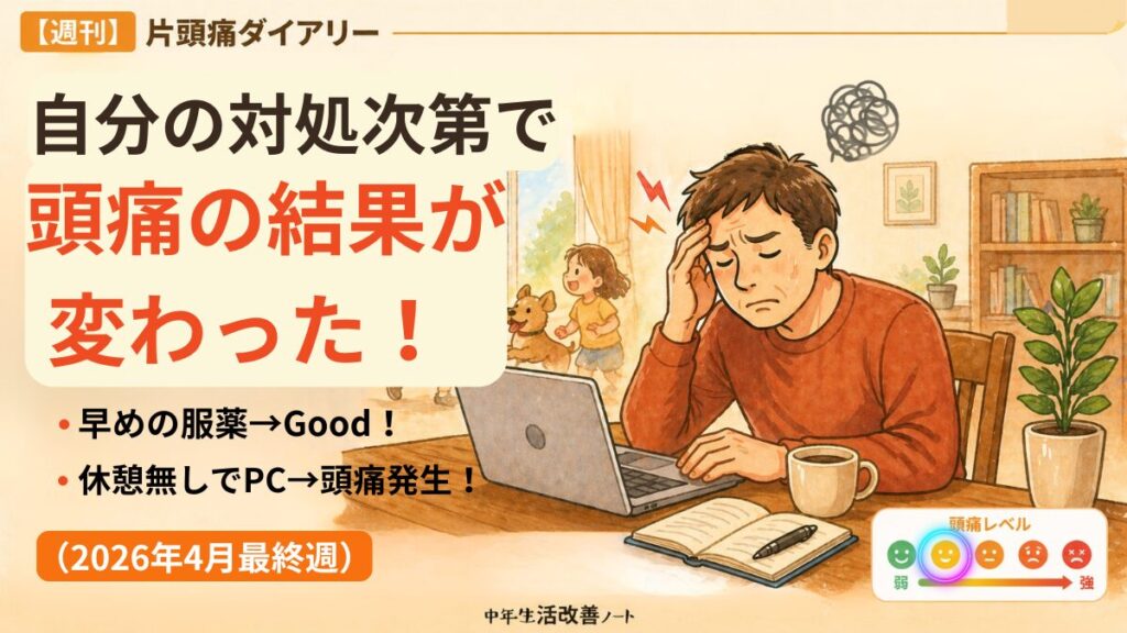 2026年4月最終週の【週刊】片頭痛ダイアリーのアイキャッチ画像。自分の対処で頭痛の結果が分かれた週であった。