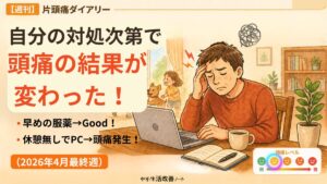 2026年4月最終週の【週刊】片頭痛ダイアリーのアイキャッチ画像。自分の対処で頭痛の結果が分かれた週であった。