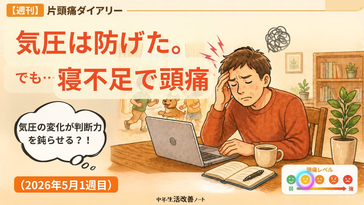 2026年5月1週目の週刊片頭痛ダイアリーのアイキャッチ画像。気圧の変化は防げたものの、寝不足で頭痛が出た様子を描いている。