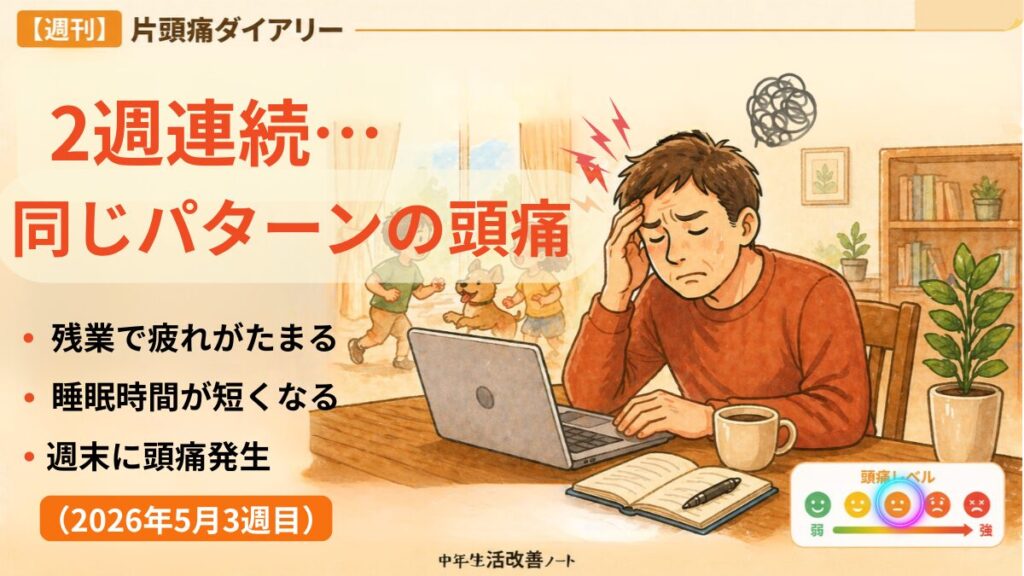 2026年5月3週目の週刊片頭痛ダイアリーのアイキャッチ画像。2週連続で同じパターンの頭痛が出たことをテーマに、残業による疲労、睡眠時間の短さ、週末の頭痛発生をまとめている。