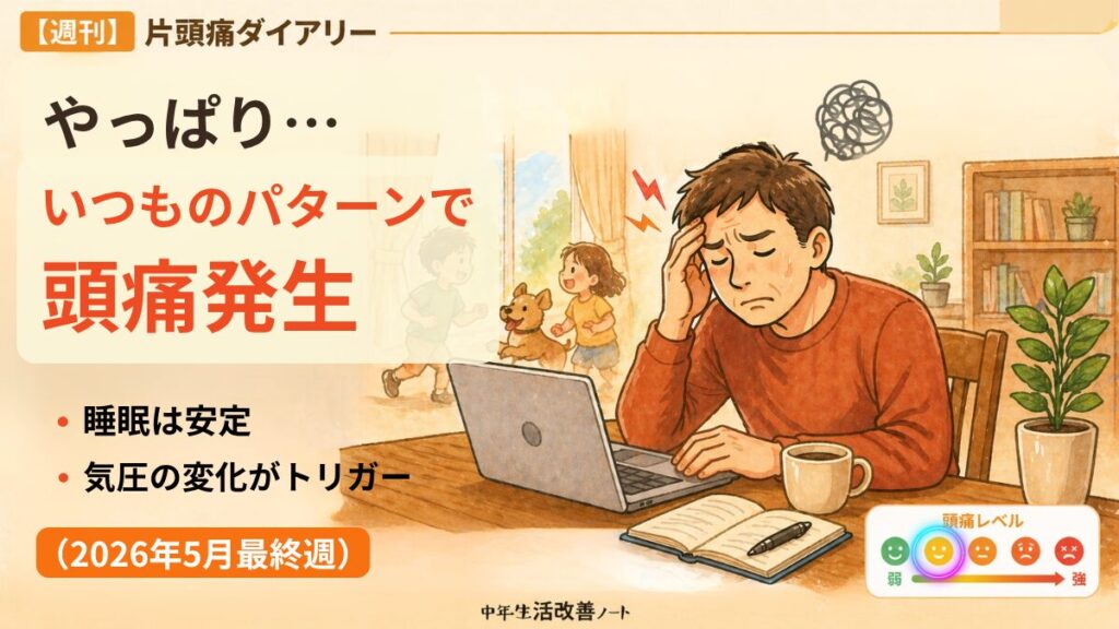 2025年5月最終週の頭痛ダイアリーのアイキャッチ画像。いつものパターンで頭痛が発生したことが書かれている。睡眠は安定していたので、気圧がトリガーとなっていた。