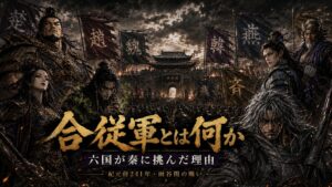 紀元前241年の函谷関攻めを背景に、秦へ挑む合従軍の大軍と武将たちを描いたアイキャッチ画像