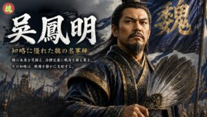 魏国軍師・呉鳳明が、羽扇を持ち知略に満ちた表情で立つアイキャッチ画像