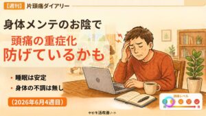 2026年6月4週目の週刊片頭痛ダイアリーのアイキャッチ画像。 身体のメンテナンスのお陰で頭痛の重症化が防げているかもしれないと書いてある。