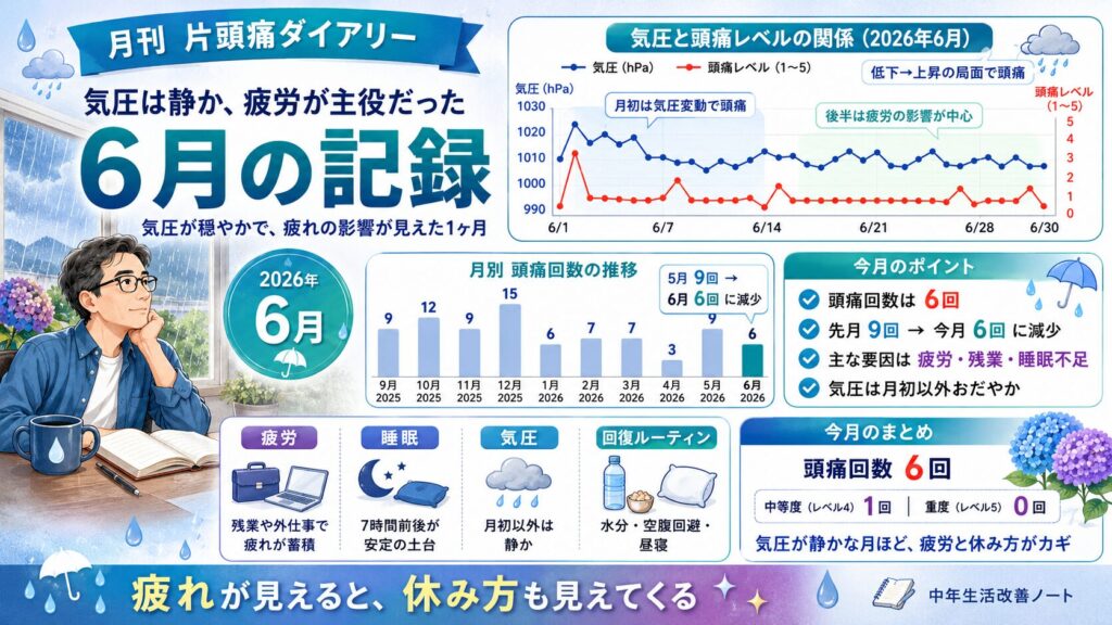 2026年6月の月刊片頭痛ダイアリーのアイキャッチ。気圧は静かだった一方で、疲労が主なトリガーとなった1ヶ月を、青系の図解とグラフでわかりやすくまとめた画像。