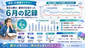 2026年6月の月刊片頭痛ダイアリーのアイキャッチ。気圧は静かだった一方で、疲労が主なトリガーとなった1ヶ月を、青系の図解とグラフでわかりやすくまとめた画像。