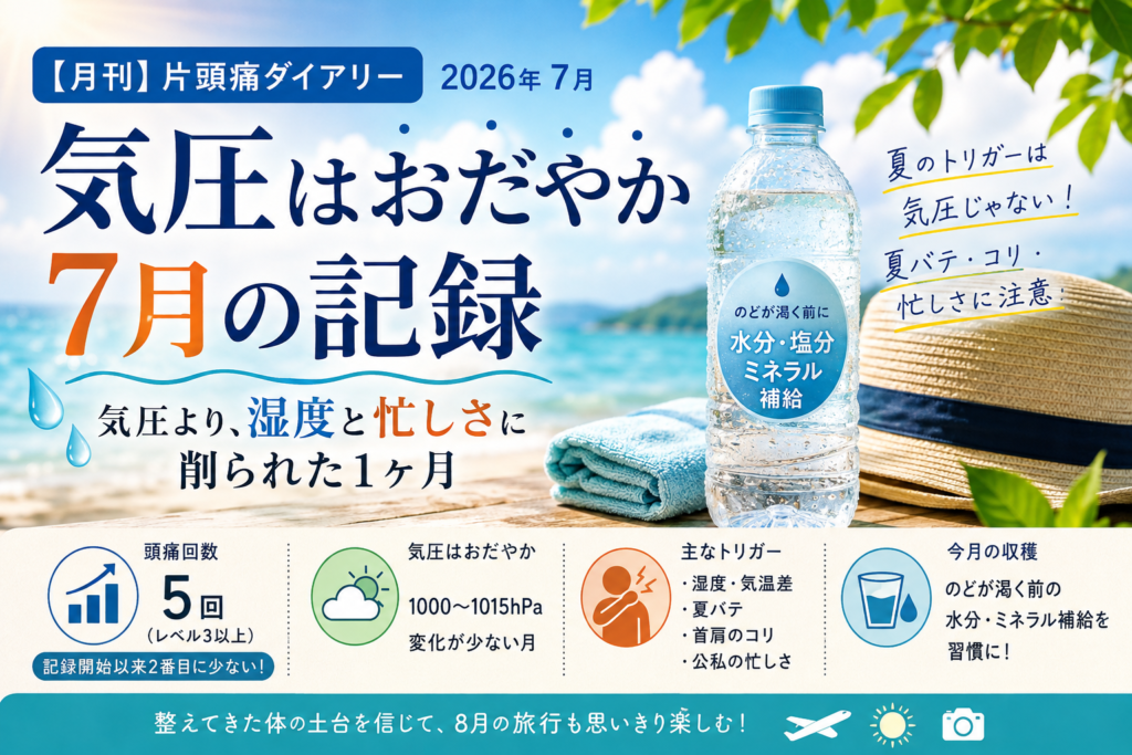 2026年7月の月刊片頭痛ダイアリーのアイキャッチ画像。気圧は穏やかだった一方、湿度や暑さ、公私の忙しさが主なトリガーとなった1ヶ月を、水分補給や夏らしいモチーフとともにまとめている。