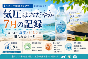 2026年7月の月刊片頭痛ダイアリーのアイキャッチ画像。気圧は穏やかだった一方、湿度や暑さ、公私の忙しさが主なトリガーとなった1ヶ月を、水分補給や夏らしいモチーフとともにまとめている。
