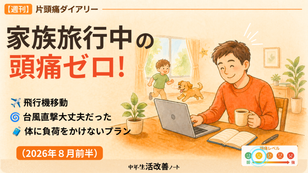 2026年8月前半の週刊片頭痛ダイアリーのアイキャッチ画像。「家族旅行中の頭痛ゼロ!」の文字と、飛行機移動・台風直撃でも大丈夫だった・体に負荷をかけないプランの3つのポイントを紹介。パソコンに向かうtakenokoと遊ぶ子ども、頭痛レベルの目盛りが描かれた温かいイラスト。