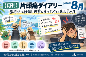 2026年8月の月刊片頭痛ダイアリーのアイキャッチ画像。旅行中は頭痛なく快調に過ごせた一方、月末に疲労・睡眠不足・暑さや寒暖差などが重なり、レベル5の強い発作が出た1ヶ月をイラストと要点でまとめている。