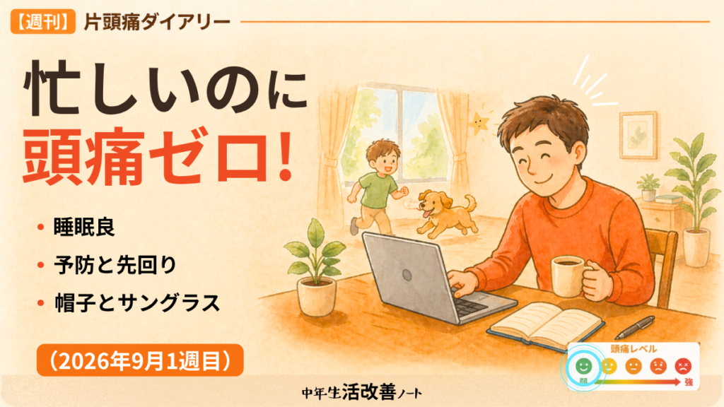 2026年9月1週目の週刊片頭痛ダイアリーのアイキャッチ画像。「忙しいのに頭痛ゼロ！」の文字と、睡眠良・予防と先回り・帽子とサングラスという3つのポイントを紹介。パソコンに向かうtakenokoと遊ぶ子ども・犬、頭痛レベルが最も軽い位置を示す目盛りが描かれている。