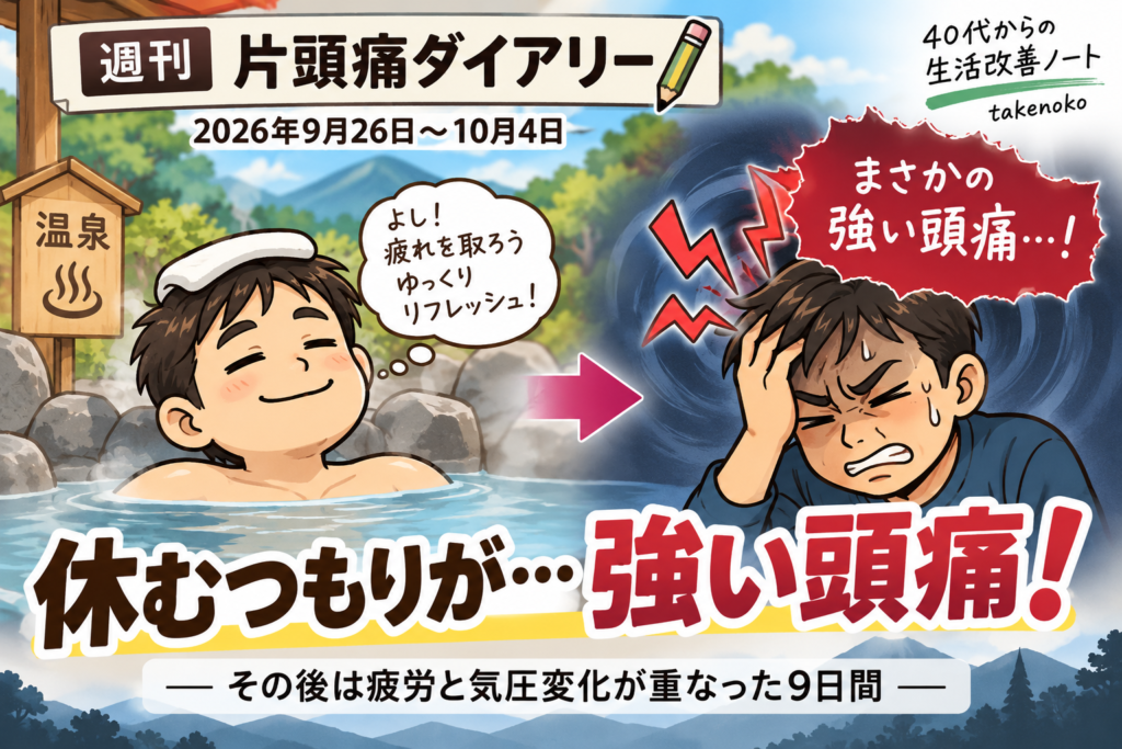 2026年9月26日〜10月4日の週刊片頭痛ダイアリーのアイキャッチ。「休むつもりが…強い頭痛!」の文字と、温泉でくつろぐ男性、その後に強い頭痛で頭を抱える男性のイラスト。疲労と気圧変化が重なった9日間を表している。