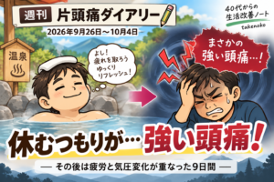 2026年9月26日〜10月4日の週刊片頭痛ダイアリーのアイキャッチ。「休むつもりが…強い頭痛!」の文字と、温泉でくつろぐ男性、その後に強い頭痛で頭を抱える男性のイラスト。疲労と気圧変化が重なった9日間を表している。