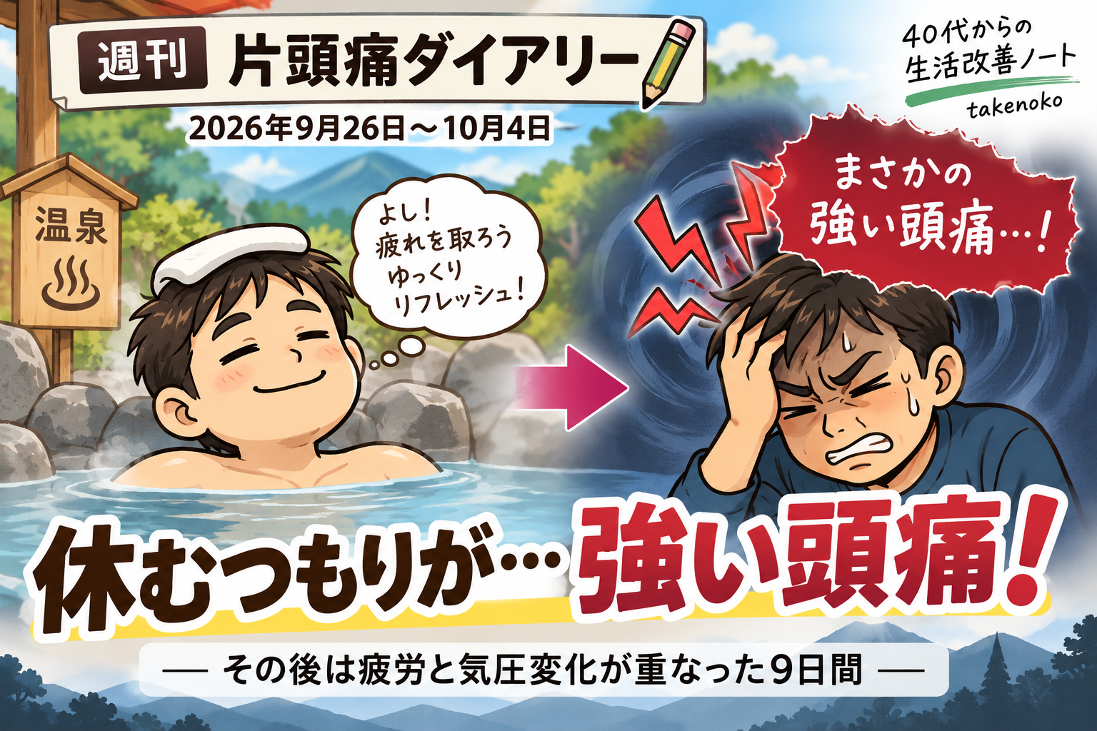 2026年9月26日〜10月4日の週刊片頭痛ダイアリーのアイキャッチ。「休むつもりが…強い頭痛！」の文字と、温泉でくつろぐ男性、その後に強い頭痛で頭を抱える男性のイラスト。疲労と気圧変化が重なった9日間を表している。