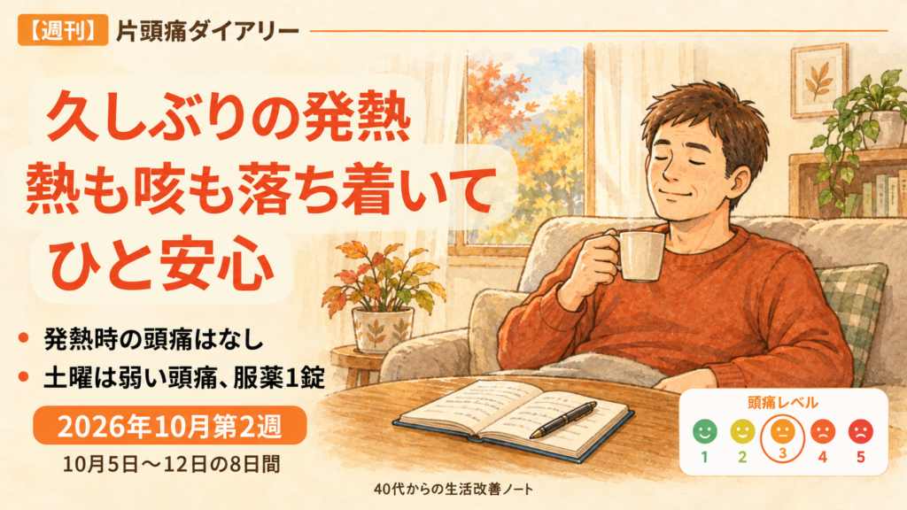 2026年10月第2週の週刊片頭痛ダイアリーのアイキャッチ。秋の室内でくつろぐ男性と「久しぶりの発熱 熱も咳も落ち着いて ひと安心」の文字。10月5日〜12日の8日間、発熱時の頭痛はなく、土曜に弱い頭痛で1錠服用した記録。