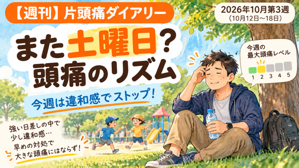 2026年10月第3週(10月12日〜18日)の週刊片頭痛ダイアリーのアイキャッチ。「また土曜日? 頭痛のリズム」「今週は違和感でストップ!」の文字と、公園の木陰で休む男性を描いた水彩風イラスト。今週の最大頭痛レベルは2。